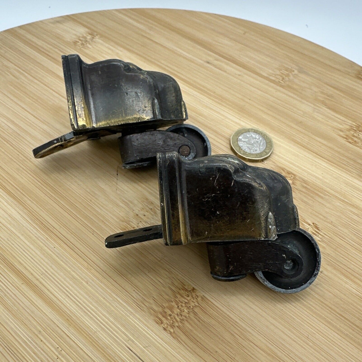 2x Original salvaged Victorian Solid Brass casters - bears claw feet wheel