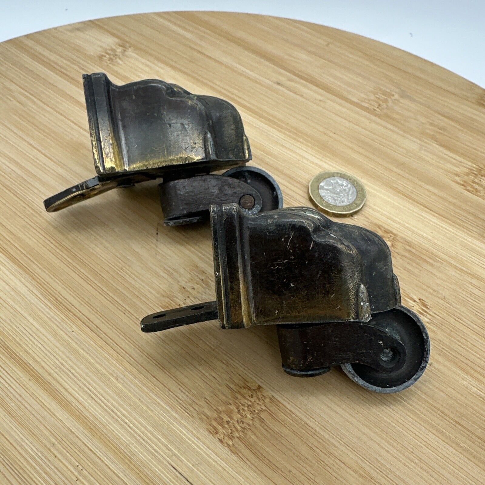 2x Original salvaged Victorian Solid Brass casters - bears claw feet wheel